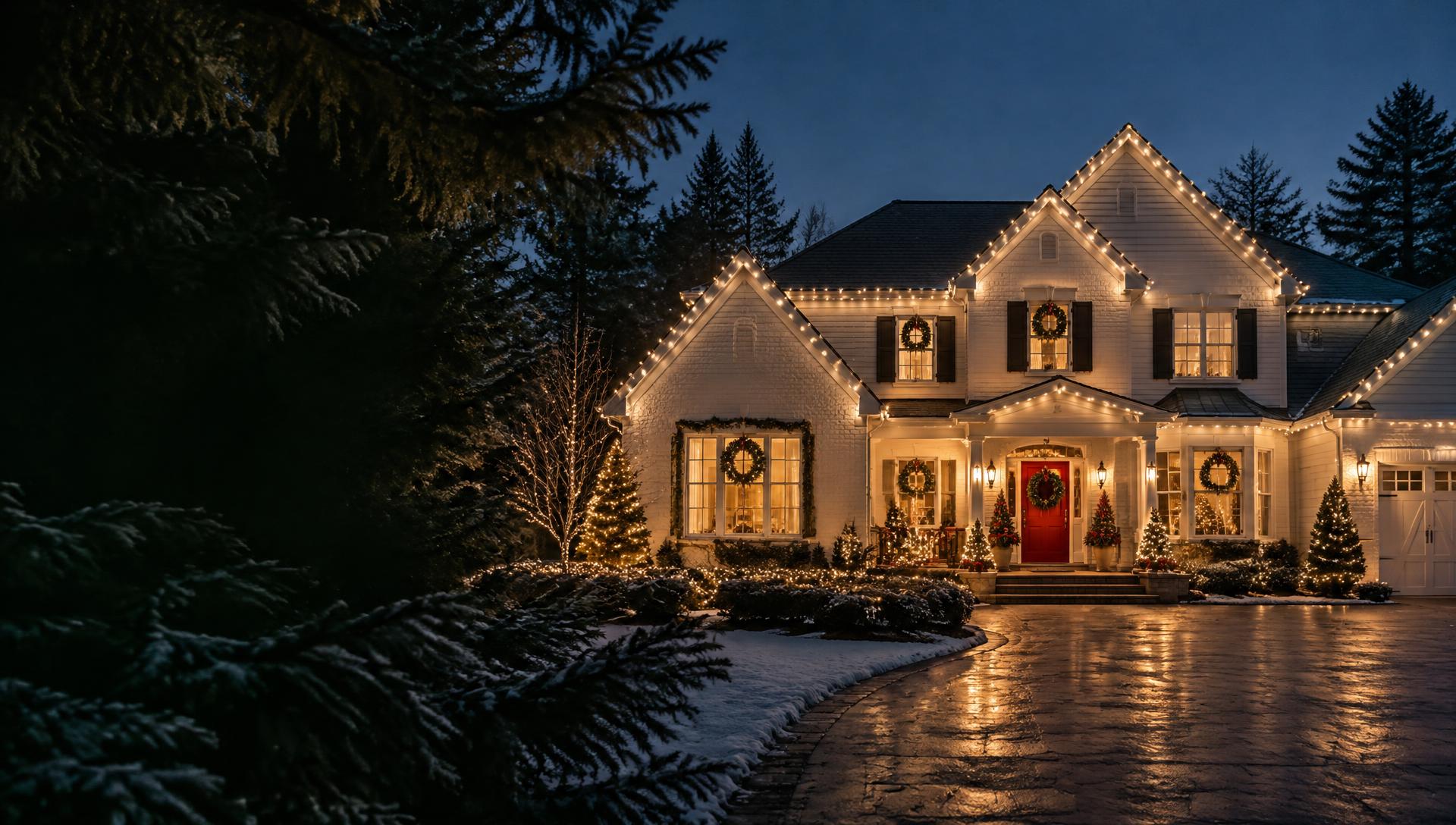 A home with professionally installed warm-white Christmas lights illuminating every roofline
